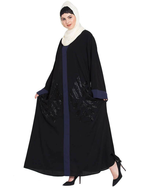 Trendy Contrast Band hand work Dubai Kaftan Black