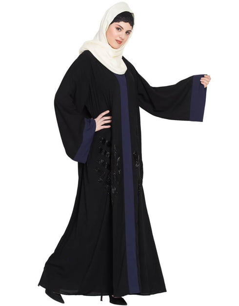 Trendy Contrast Band hand work Dubai Kaftan Black
