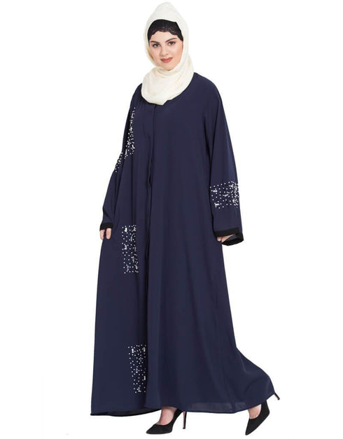 Modern Hand work front open Dubai Kaftan Blue