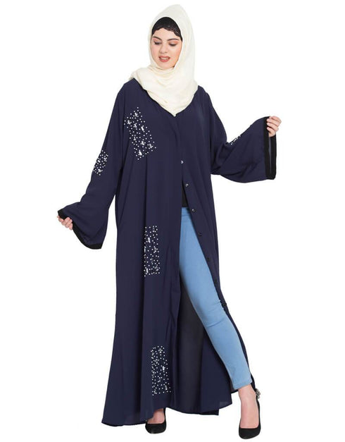Modern Hand work front open Dubai Kaftan Blue