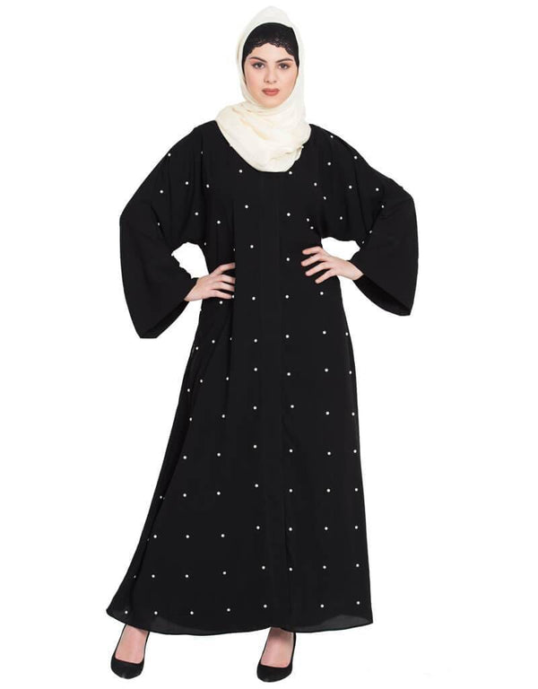 Dubai Pearls embroidered front open Dubai Kaftan Black