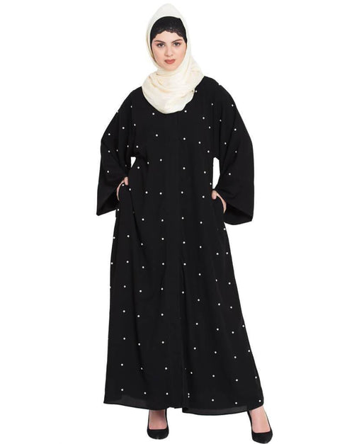 Dubai Pearls embroidered front open Dubai Kaftan Black