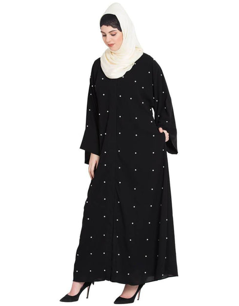 Dubai Pearls embroidered front open Dubai Kaftan Black
