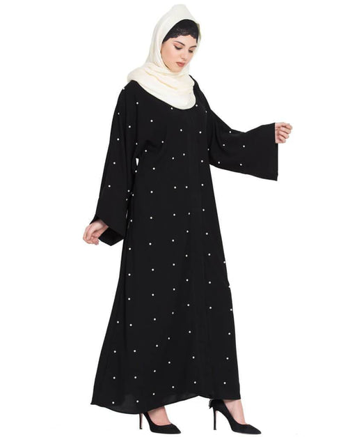 Dubai Pearls embroidered front open Dubai Kaftan Black