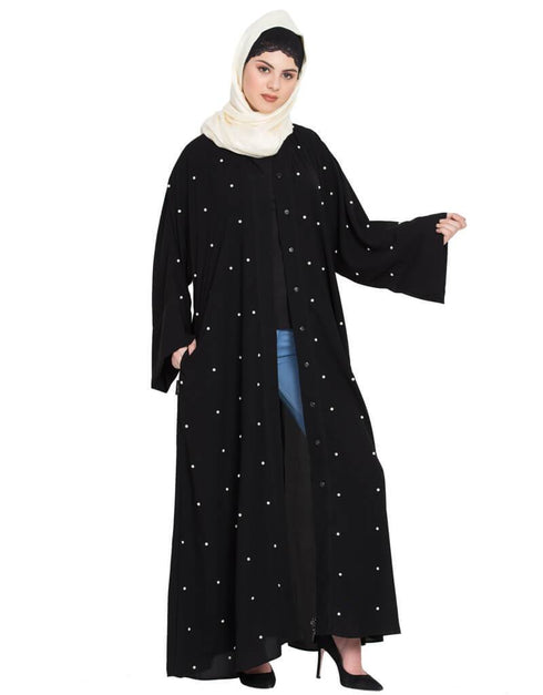 Dubai Pearls embroidered front open Dubai Kaftan Black