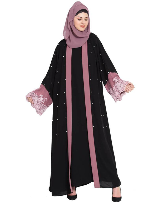 Muslim Contrast band and lace pearls embroidered Dubai Kaftan Black