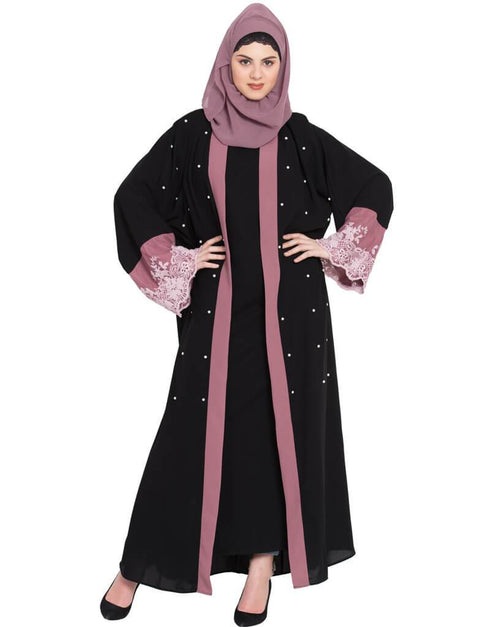 Muslim Contrast band and lace pearls embroidered Dubai Kaftan Black