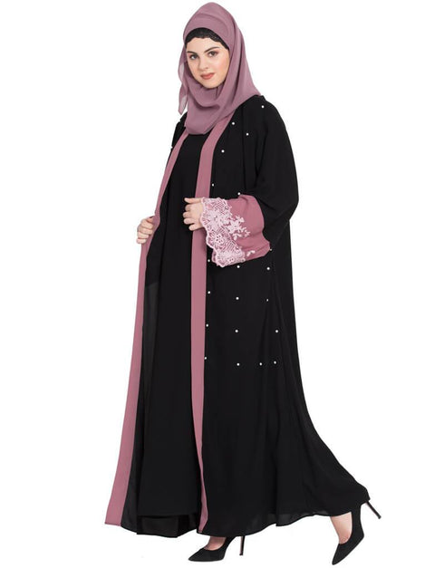 Muslim Contrast band and lace pearls embroidered Dubai Kaftan Black