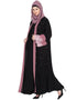 Muslim Contrast band and lace pearls embroidered Dubai Kaftan Black