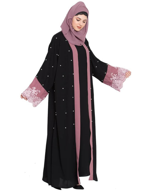 Muslim Contrast band and lace pearls embroidered Dubai Kaftan Black