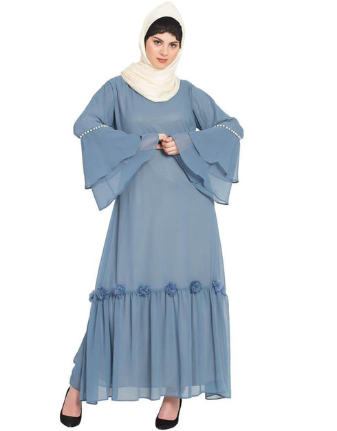 Muslimah Bell Sleeve flowers around knee party Abaya Blue