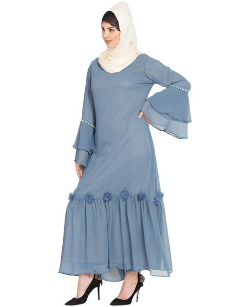Muslimah Bell Sleeve flowers around knee party Abaya Blue