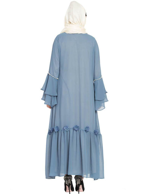 Muslimah Bell Sleeve flowers around knee party Abaya Blue