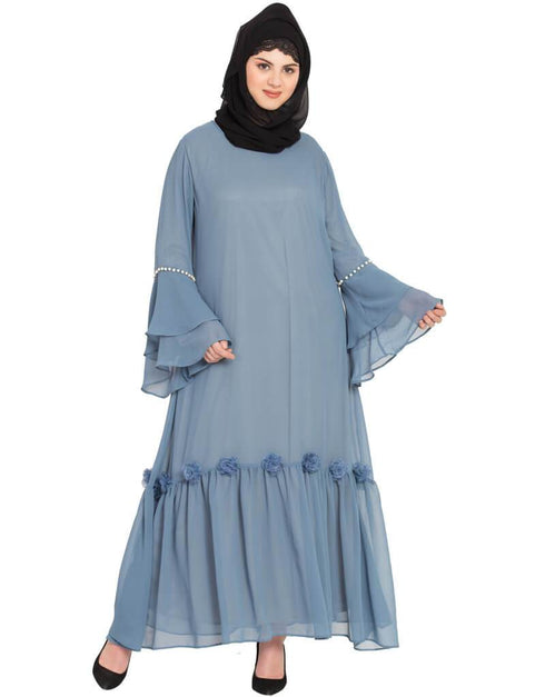 Muslimah Bell Sleeve flowers around knee party Abaya Blue