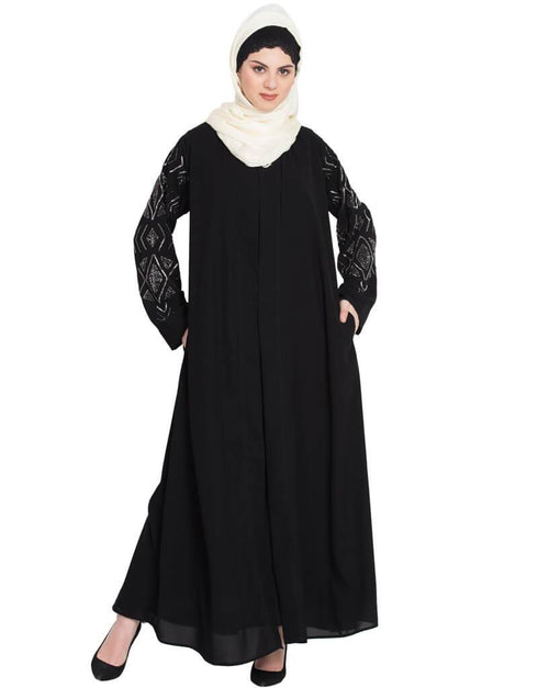 Chic Sleeve embroidered front open with Inner Abaya Black