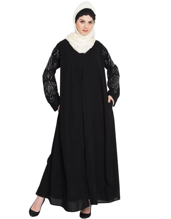 Chic Sleeve embroidered front open with Inner Abaya Black