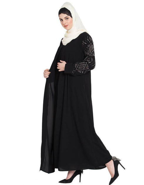 Chic Sleeve embroidered front open with Inner Abaya Black