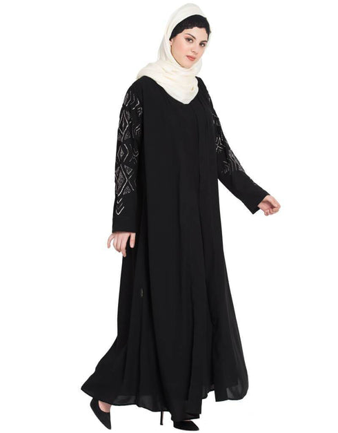 Chic Sleeve embroidered front open with Inner Abaya Black