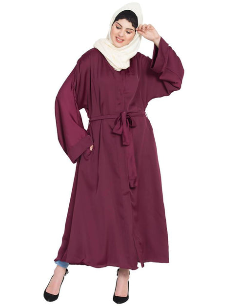 Trendy Front open with Belt wine Abaya Wine