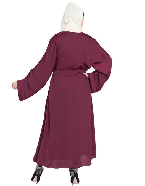 Trendy Front open with Belt wine Abaya Wine