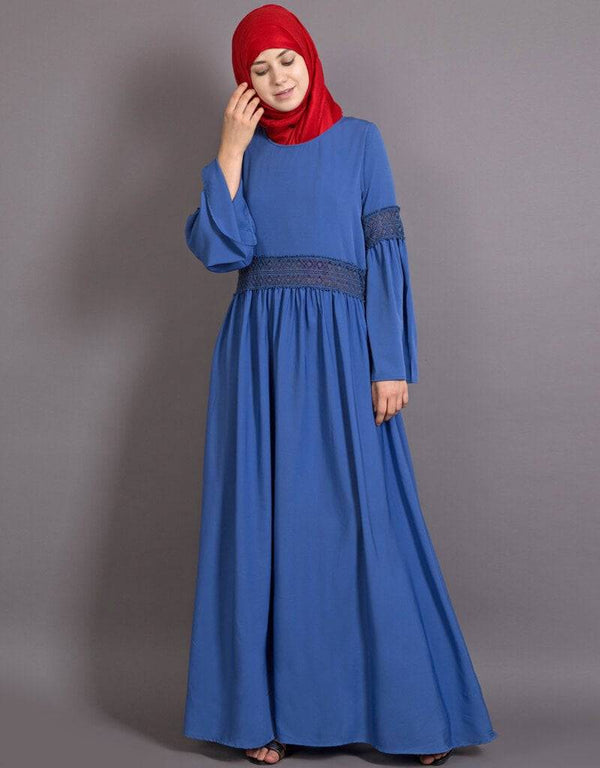 Islamic Lace at Waist and Sleeve Classic Abaya Blue