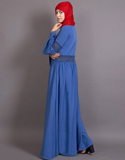 Islamic Lace at Waist and Sleeve Classic Abaya Blue