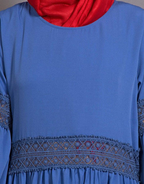 Islamic Lace at Waist and Sleeve Classic Abaya Blue
