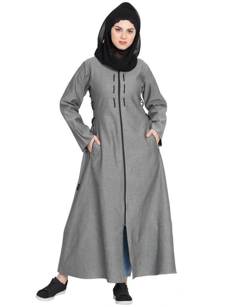 Dubai Front open with zip Denim Abaya Grey