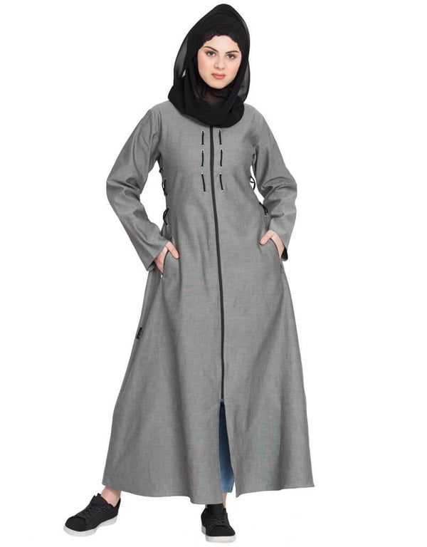 Dubai Front open with zip Denim Abaya Grey