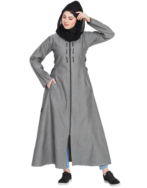Dubai Front open with zip Denim Abaya Grey