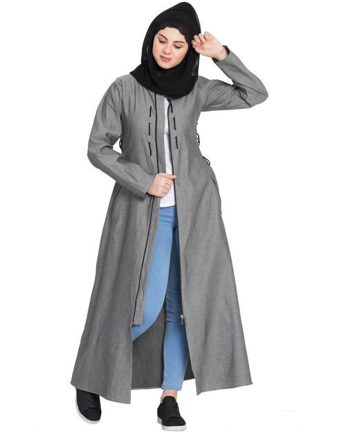 Dubai Front open with zip Denim Abaya Grey