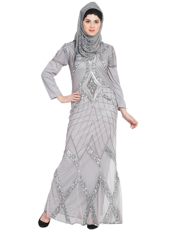 Muslim Full embellished Grey Party Abaya Grey