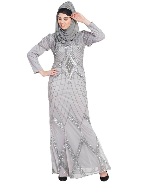 Muslim Full embellished Grey Party Abaya Grey