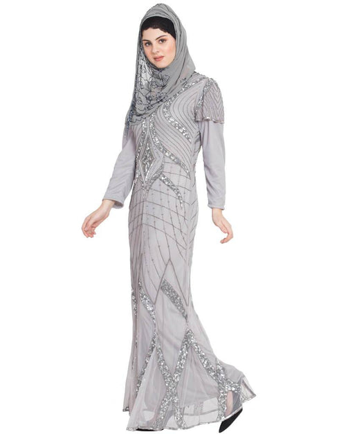 Muslim Full embellished Grey Party Abaya Grey