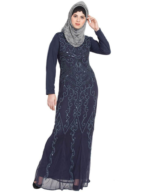 Muslim Full embellished Grey Party Abaya Grey