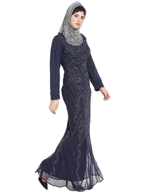 Modest Full embellished Navy Party Abaya Navy Blue