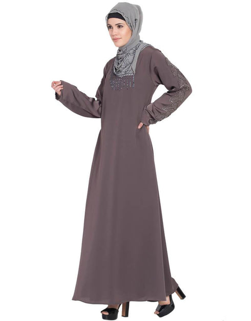 Islamic sleeve embroidered Umbrella Abaya Brown