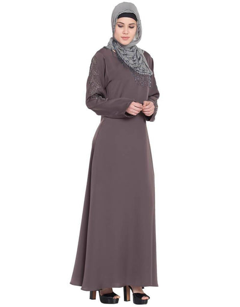 Islamic sleeve embroidered Umbrella Abaya Brown