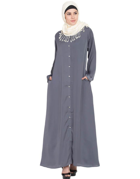 Trendy Decorative Button Front Open Abaya Grey