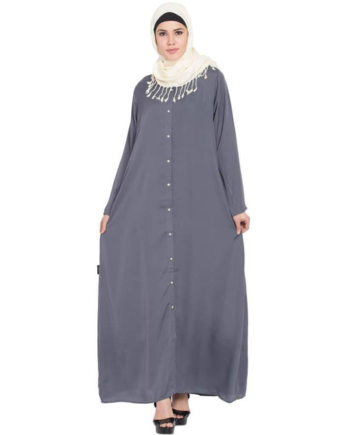 Trendy Decorative Button Front Open Abaya Grey
