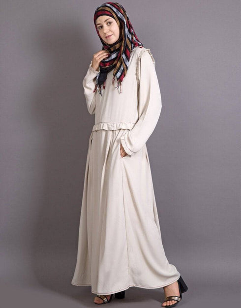 Arabic Raw/frayed Edge Pleats at Waist Funky Abaya Cream
