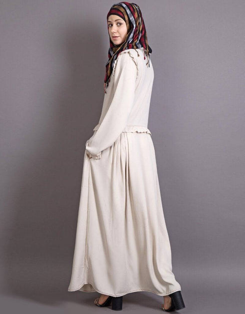 Arabic Raw/frayed Edge Pleats at Waist Funky Abaya Cream