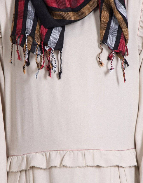 Arabic Raw/frayed Edge Pleats at Waist Funky Abaya Cream