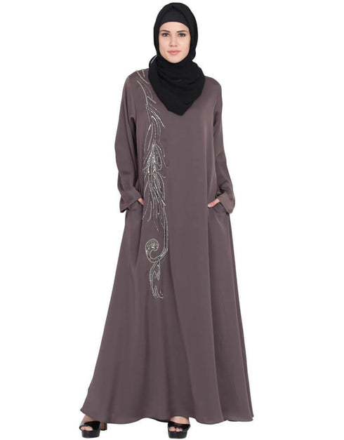 Dubai Front Embroidered Umbrella Abaya Brown