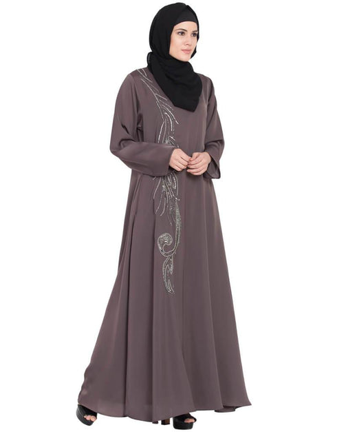 Dubai Front Embroidered Umbrella Abaya Brown