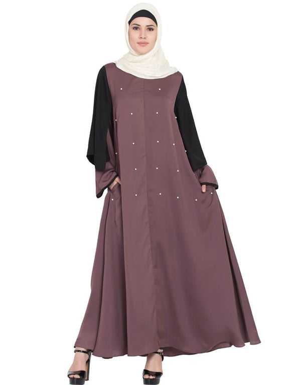 Muslim Double Sleeve Pearl beaded Abaya Brown