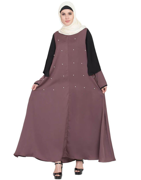 Muslim Double Sleeve Pearl beaded Abaya Brown