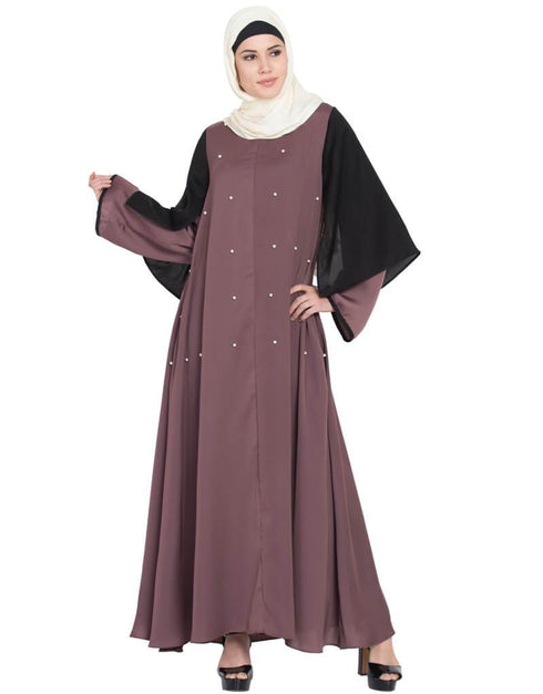 Muslim Double Sleeve Pearl beaded Abaya Brown
