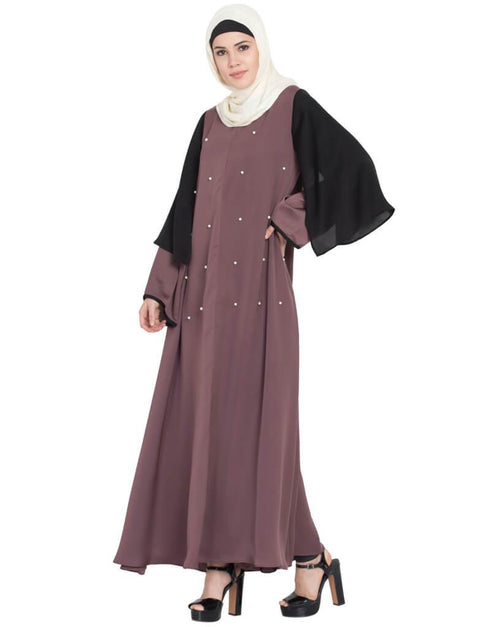 Muslim Double Sleeve Pearl beaded Abaya Brown