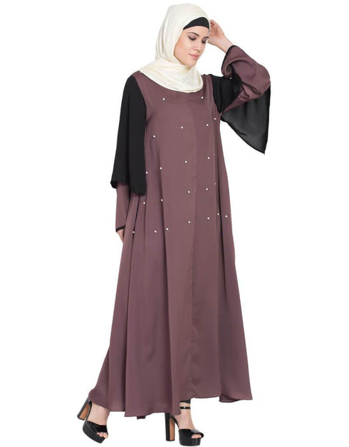 Muslim Double Sleeve Pearl beaded Abaya Brown